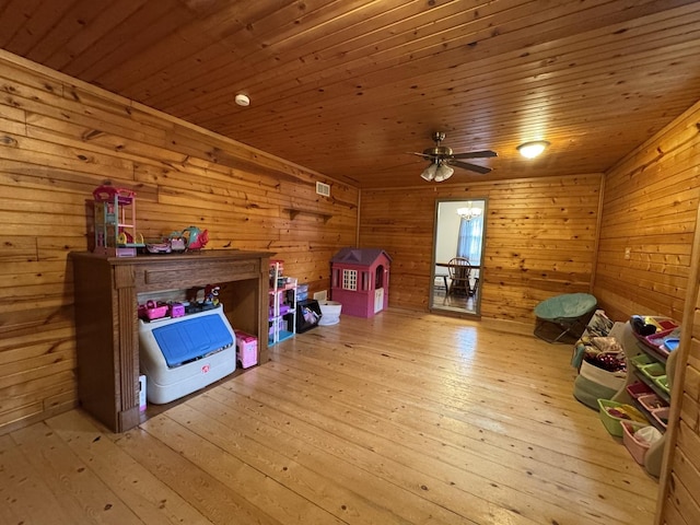 5280 S Harlan Dr, Rochelle, IL 61068 - additional living space with wooden ceiling, wood-type flooring, ceiling fan, and wooden walls