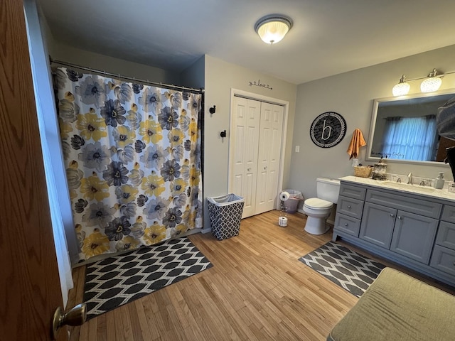 5280 S Harlan Dr, Rochelle, IL 61068 - full bath featuring wood finished floors, toilet, vanity, and a shower with curtain