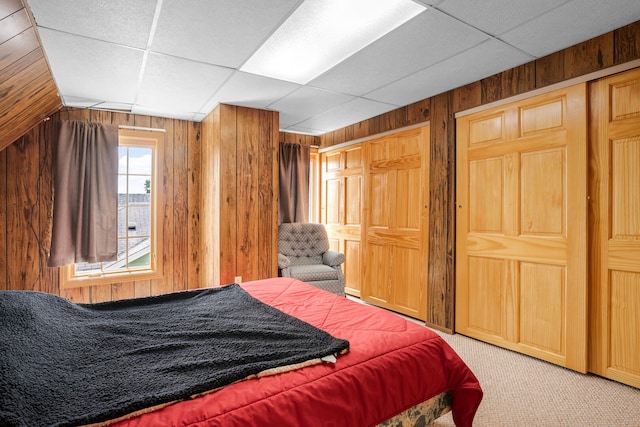 7416 Van Buren Ave, Hammond, IN 46324 - bedroom with wood walls, carpet floors, and a paneled ceiling