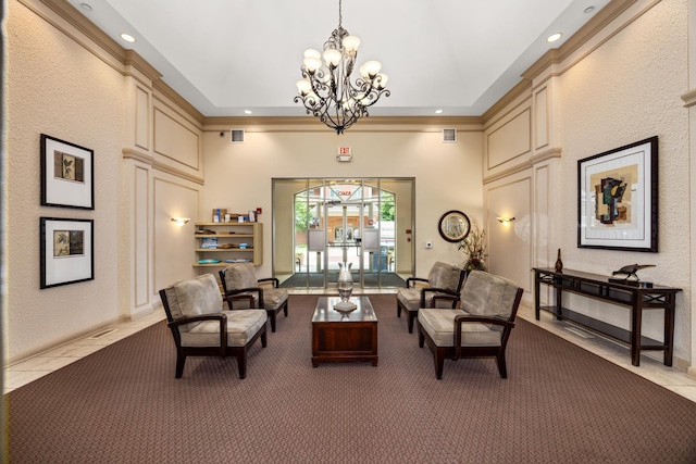 8340 Callie Ave Unit 506, Morton Grove, IL 60053 - carpeted living area with a textured wall, a chandelier, recessed lighting, and a high ceiling