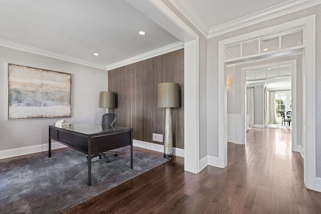 622 S Washington St, Hinsdale, IL 60521 - office area featuring ornamental molding, dark wood-style floors, and recessed lighting