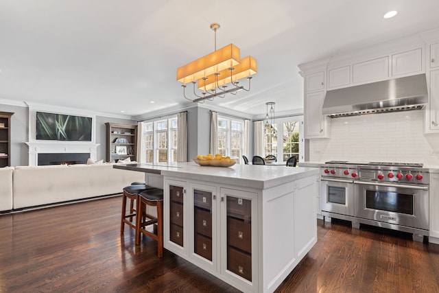 622 S Washington St, Hinsdale, IL 60521 - kitchen featuring luxury range, ventilation hood, white cabinetry, open floor plan, and glass insert cabinets