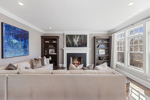 622 S Washington St, Hinsdale, IL 60521 - living room with recessed lighting, wood finished floors, a warm lit fireplace, and ornamental molding
