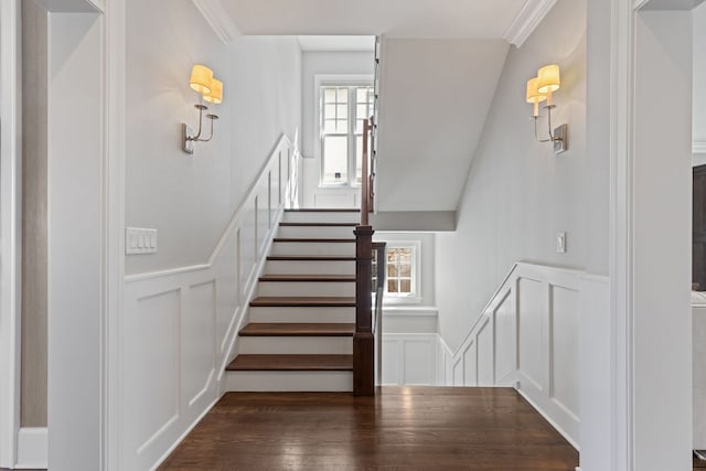 622 S Washington St, Hinsdale, IL 60521 - stairs with a decorative wall, healthy amount of natural light, wood finished floors, and wainscoting