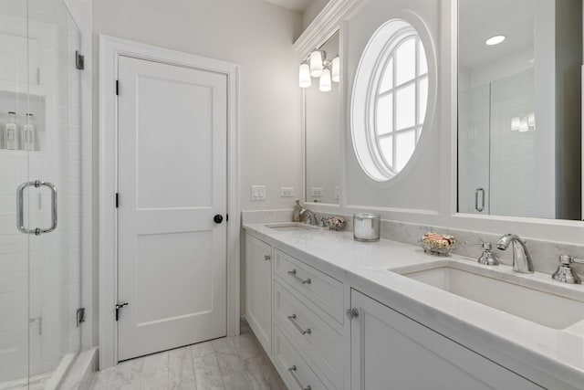 622 S Washington St, Hinsdale, IL 60521 - full bathroom featuring double vanity, a stall shower, and marble look tile flooring