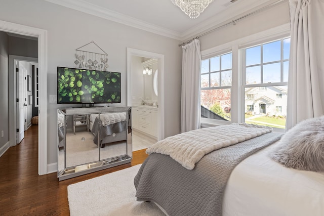 622 S Washington St, Hinsdale, IL 60521 - bedroom featuring ornamental molding, wood finished floors, a chandelier, and connected bathroom