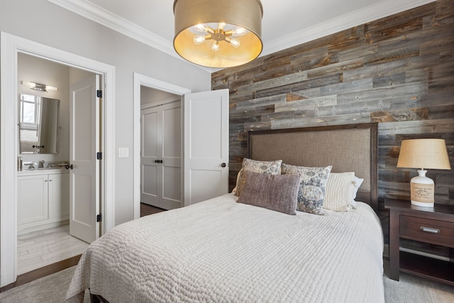 622 S Washington St, Hinsdale, IL 60521 - bedroom featuring wood walls, ornamental molding, ensuite bathroom, and a closet