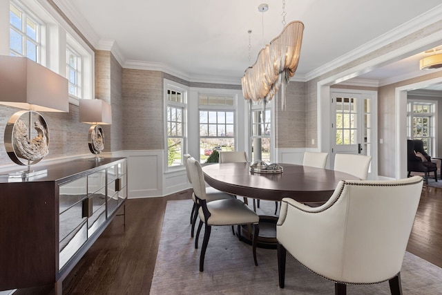 622 S Washington St, Hinsdale, IL 60521 - dining space featuring dark wood finished floors, a wainscoted wall, and ornamental molding