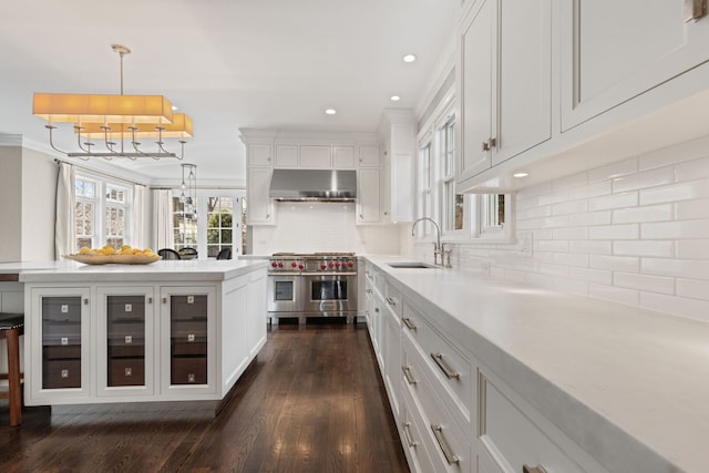 622 S Washington St, Hinsdale, IL 60521 - bar with range with two ovens, exhaust hood, tasteful backsplash, recessed lighting, and decorative light fixtures