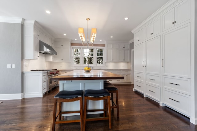 622 S Washington St, Hinsdale, IL 60521 - kitchen with high end stainless steel range oven, range hood, butcher block counters, white cabinets, and recessed lighting
