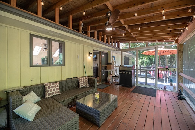25429 W Cedar Crest Ln, Lake Villa, IL 60046 - sunroom featuring ceiling fan, plenty of natural light, an outdoor hangout area, and beam ceiling