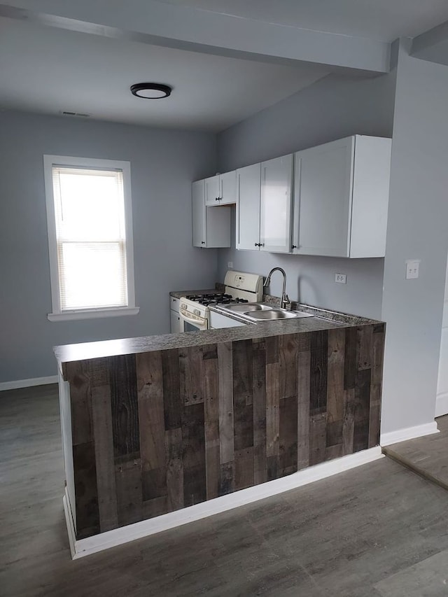 8205 S Houston Ave, Chicago, IL 60617 - kitchen featuring gas range gas stove, dark wood-style floors, white cabinetry, and a peninsula