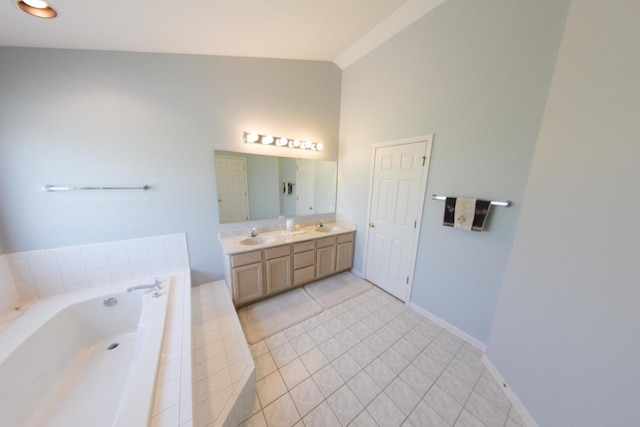 1034 Idaho St, Carol Stream, IL 60188 - full bathroom with double vanity, a bath, tile patterned floors, high vaulted ceiling, and baseboards