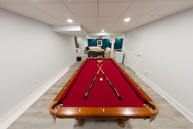 1034 Idaho St, Carol Stream, IL 60188 - recreation room with pool table, recessed lighting, baseboards, light wood-style flooring, and a drop ceiling