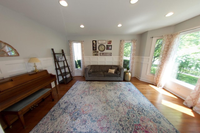 1034 Idaho St, Carol Stream, IL 60188 - living room with plenty of natural light, a wainscoted wall, recessed lighting, a decorative wall, and wood finished floors