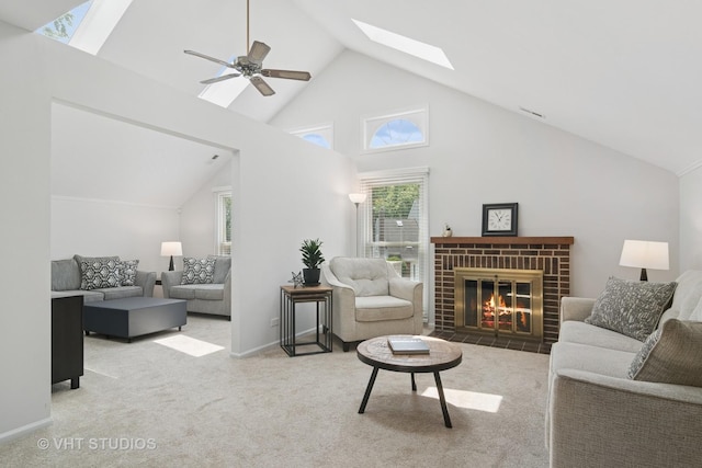 54 S Stonington Dr Unit 92, Palatine, IL 60074 - carpeted living room with a skylight, high vaulted ceiling, a fireplace, and ceiling fan
