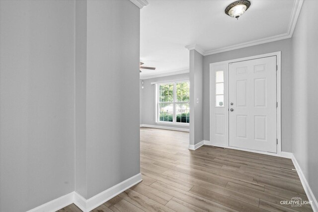 1889 Shore Line Ct, Romeoville, IL 60446 - entryway with ornamental molding, wood finished floors, and a ceiling fan