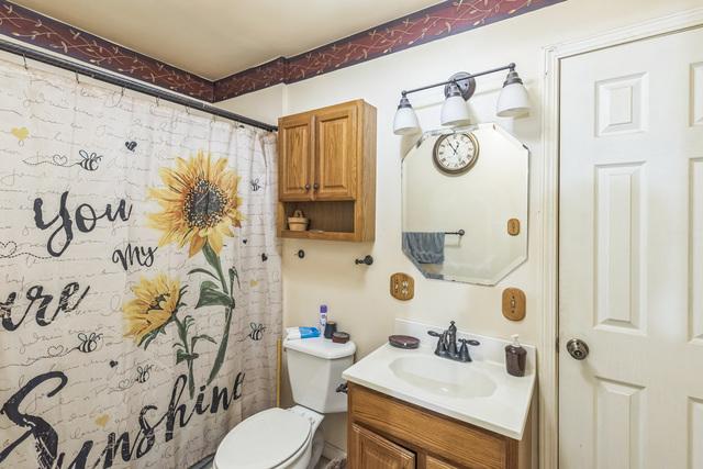 420 N 9th St, Herrin, IL 62948 - bathroom featuring vanity, toilet, and a shower with shower curtain