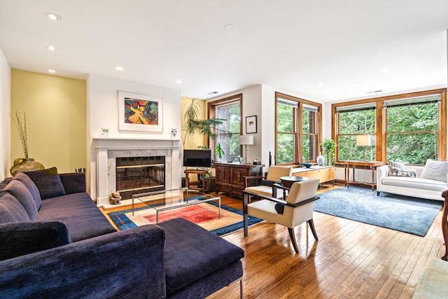 4413 N Malden St Unit 2S, Chicago, IL 60640 - living area with hardwood / wood-style flooring, plenty of natural light, a premium fireplace, and recessed lighting