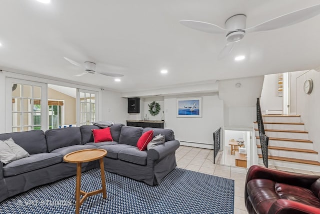 504 S Spring Ave, La Grange, IL 60525 - living room featuring a ceiling fan, baseboard heating, light tile patterned floors, stairway, and recessed lighting