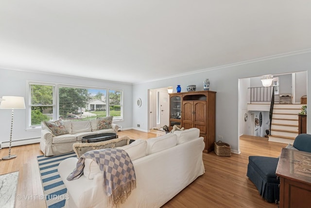 504 S Spring Ave, La Grange, IL 60525 - living room featuring a baseboard heating unit, light wood finished floors, stairway, and crown molding