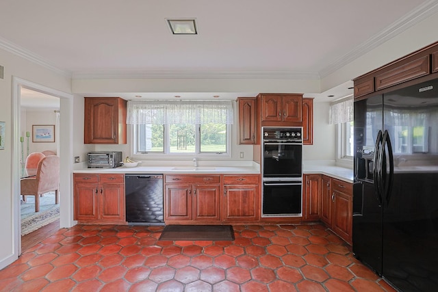 1596 W Palatine Rd, Inverness, IL 60067 - kitchen with black appliances, light countertops, and crown molding