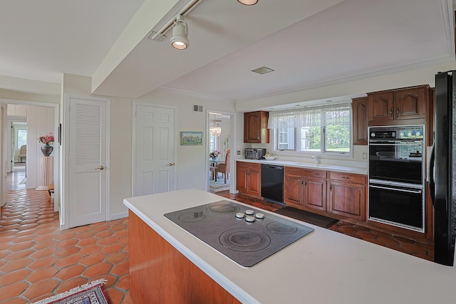 1596 W Palatine Rd, Inverness, IL 60067 - kitchen featuring black appliances, light countertops, ornamental molding, and light tile patterned floors