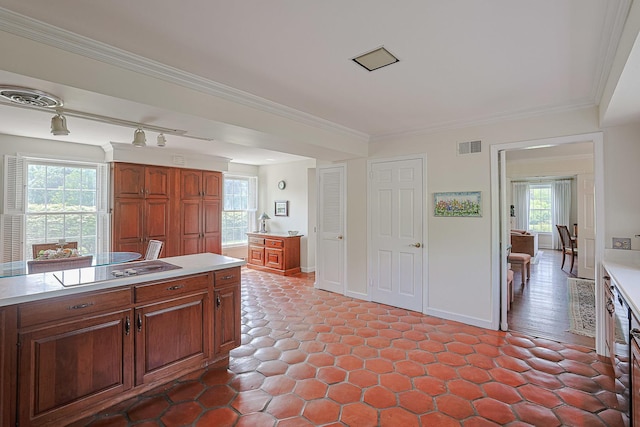 1596 W Palatine Rd, Inverness, IL 60067 - kitchen with black electric cooktop, light countertops, healthy amount of natural light, brown cabinets, and crown molding