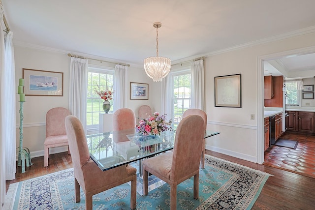 1596 W Palatine Rd, Inverness, IL 60067 - dining area with a chandelier, dark wood-type flooring, crown molding, and plenty of natural light