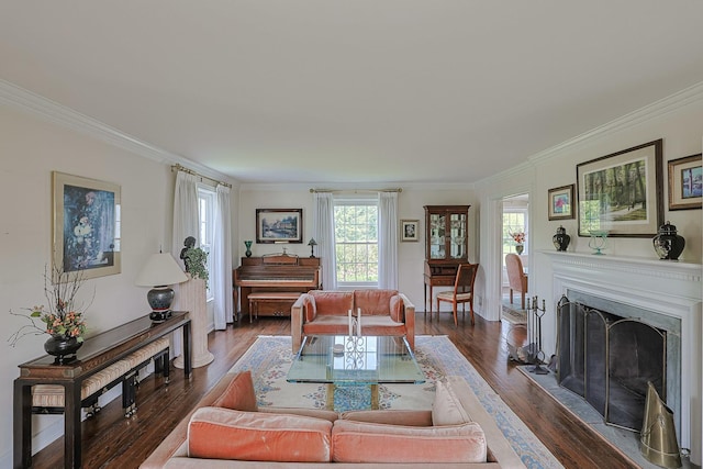 1596 W Palatine Rd, Inverness, IL 60067 - living area with crown molding, dark wood finished floors, and a fireplace with flush hearth