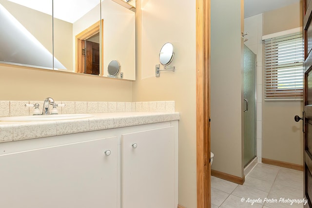 3619 Overlook Dr, Richmond, IL 60071 - bathroom with vanity, a stall shower, and tile patterned floors
