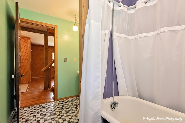 3619 Overlook Dr, Richmond, IL 60071 - full bathroom with tile patterned floors, baseboards, and wood walls