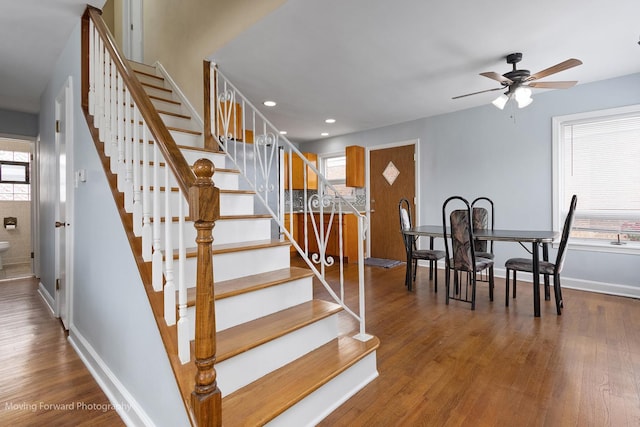 7324 W 56th Pl, Summit, IL 60501 - staircase with a ceiling fan, healthy amount of natural light, wood finished floors, and recessed lighting