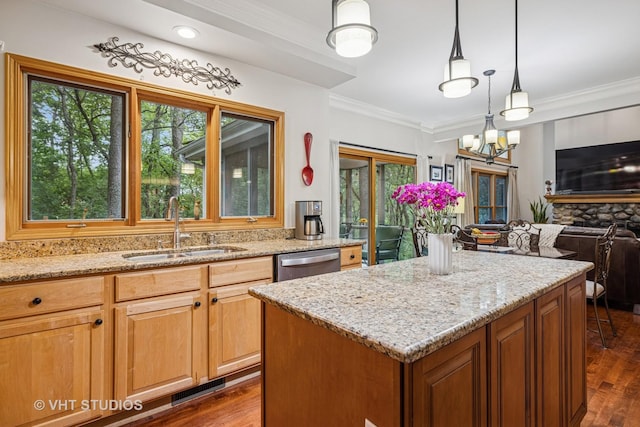 436 Kelly Ln, Crystal Lake, IL 60012 - kitchen featuring dishwasher, dark wood-type flooring, light stone countertops, a chandelier, and ornamental molding