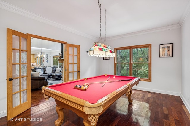 436 Kelly Ln, Crystal Lake, IL 60012 - recreation room featuring french doors, crown molding, billiards, and hardwood / wood-style flooring