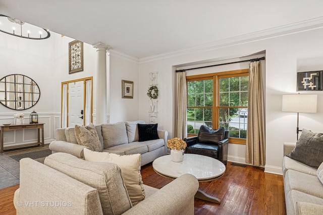 436 Kelly Ln, Crystal Lake, IL 60012 - living area with crown molding, dark wood-style floors, ornate columns, and a chandelier