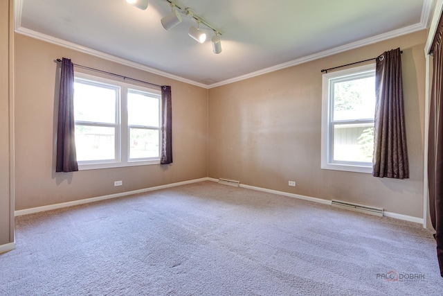 4519 W Shore Dr, Mchenry, IL 60050 - carpeted spare room featuring ornamental molding, rail lighting, and a baseboard radiator