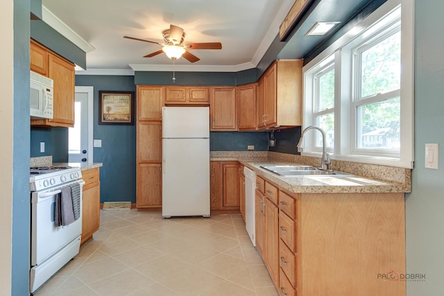 4519 W Shore Dr, Mchenry, IL 60050 - kitchen with white appliances, ceiling fan, light countertops, light tile patterned floors, and ornamental molding