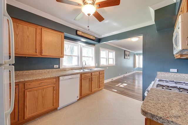 4519 W Shore Dr, Mchenry, IL 60050 - kitchen with white appliances, ornamental molding, light tile patterned floors, ceiling fan, and light countertops
