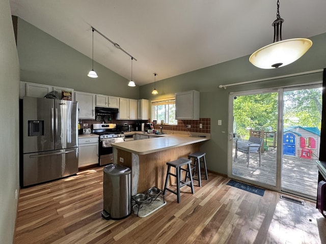 1419 Major Dr, Plainfield, IL 60586 - kitchen with appliances with stainless steel finishes, ventilation hood, wood finished floors, a peninsula, and tasteful backsplash