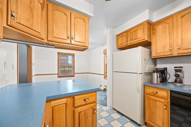 2500 S 7th Ave, North Riverside, IL 60546 - kitchen featuring freestanding refrigerator, wine cooler, light floors, tasteful backsplash, and brown cabinets
