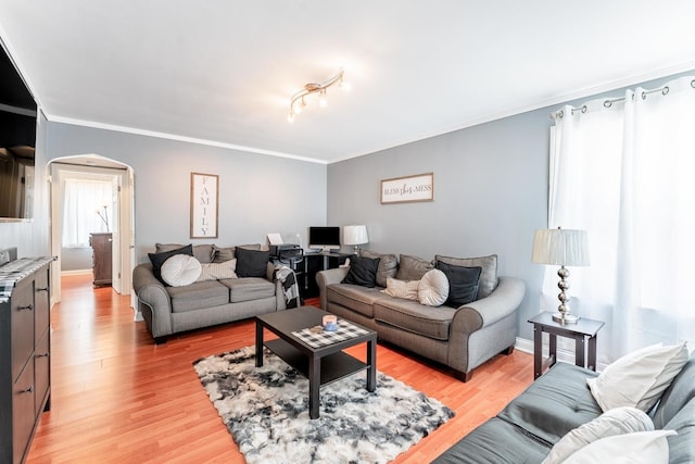 9727 Richard Ave, Franklin Park, IL 60131 - living area featuring arched walkways, ornamental molding, light wood-style floors, and baseboards
