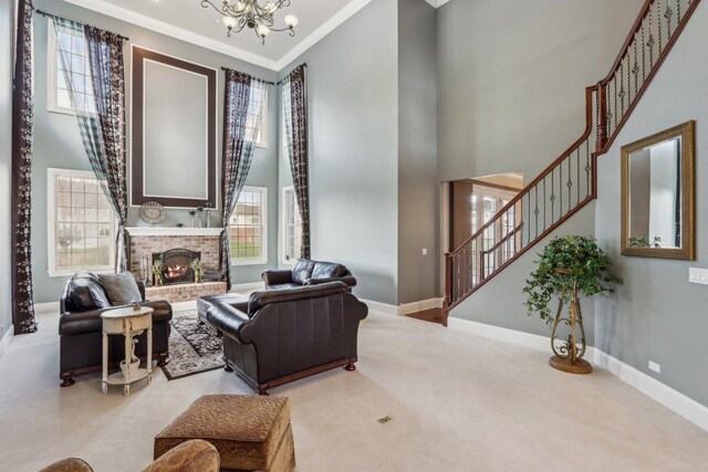 24 Wood Oaks Dr, South Barrington, IL 60010 - living room with a chandelier, carpet flooring, plenty of natural light, a towering ceiling, and baseboards
