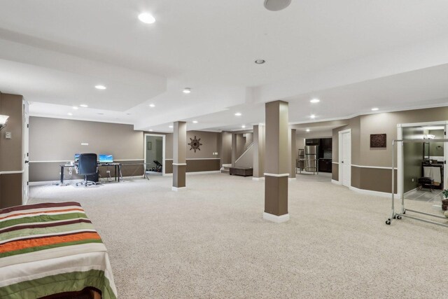24 Wood Oaks Dr, South Barrington, IL 60010 - carpeted living area with recessed lighting, baseboards, stairway, and a desk