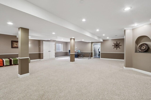 24 Wood Oaks Dr, South Barrington, IL 60010 - finished basement featuring ornamental molding, light colored carpet, baseboards, and recessed lighting