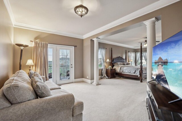 24 Wood Oaks Dr, South Barrington, IL 60010 - carpeted bedroom with ornate columns, access to exterior, ornamental molding, and baseboards