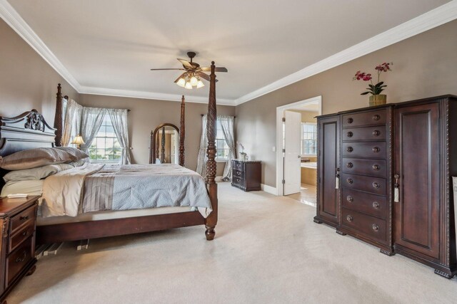 24 Wood Oaks Dr, South Barrington, IL 60010 - bedroom with light carpet, ornamental molding, baseboards, ensuite bath, and a ceiling fan