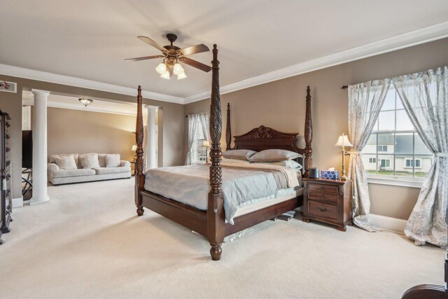 24 Wood Oaks Dr, South Barrington, IL 60010 - carpeted bedroom with ornamental molding, baseboards, decorative columns, and a ceiling fan