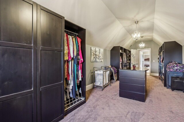 24 Wood Oaks Dr, South Barrington, IL 60010 - bedroom with baseboards, light carpet, lofted ceiling, and a chandelier