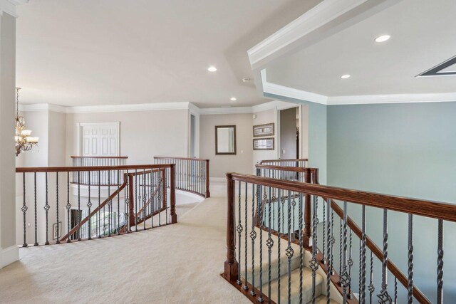 24 Wood Oaks Dr, South Barrington, IL 60010 - corridor featuring an upstairs landing, carpet flooring, crown molding, a chandelier, and recessed lighting
